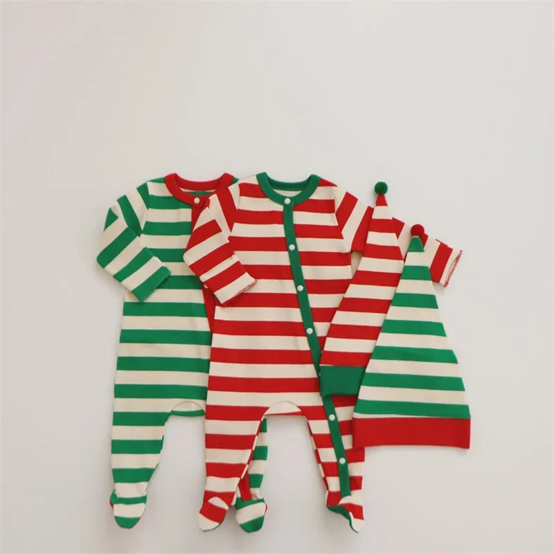 Christmas Baby Boys Girls Clothes Romper Red/Green Stripe Cartoon Casual Bodysuits Autumn Long Sleeve Cotton Pullover Jumpsuits