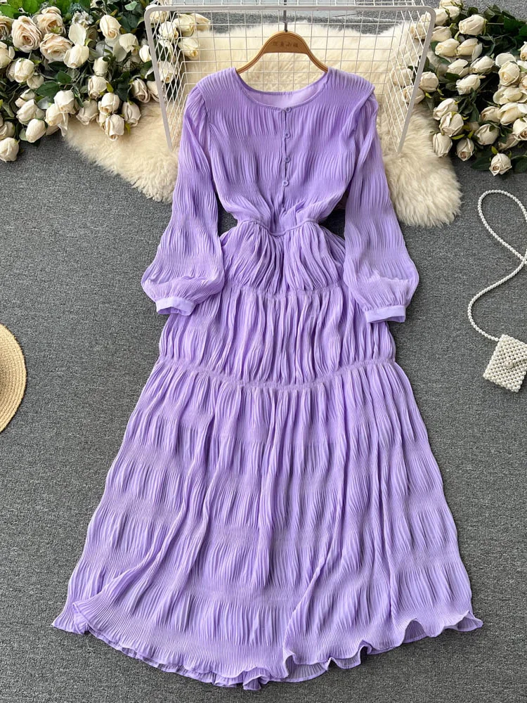 

Spring Autumn Women Draped Chiffin Dress Femael Vintage Round Neck Puff Long Sleeve High Waist A-Line Loose Pleated Robe New