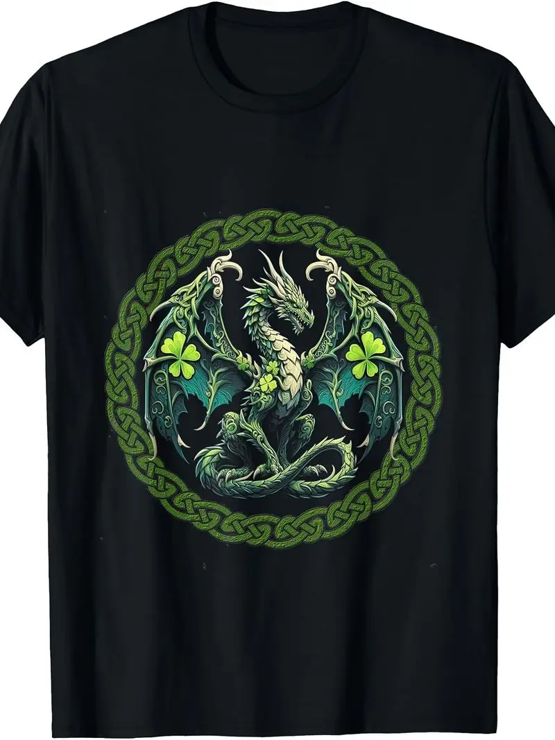 Tribal Irish Green Celtic Knot Fantasy Dragon Patrick Day T-Shirt Vintage Style Crew Neck Fit Adults Daily Activities Plus Size