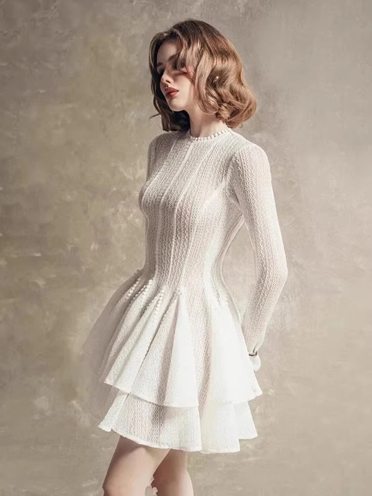 Vestido de baile elegante con pliegues, Mini vestidos de primavera para mujer, vestido de manga larga con cuello redondo, Vestido corto de cintura alta de Color sólido