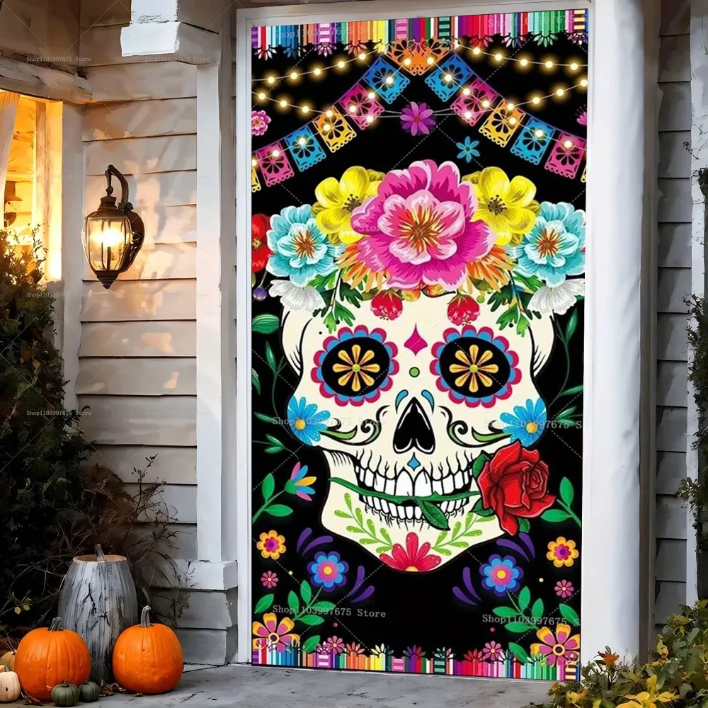 Mexikanischer Altar mit Zuckerskelett-Tür-Hintergrund, Halloween-Todesfeier-Dekorationszubehör für Innen- und Außenbereich, Hintergrundstoff