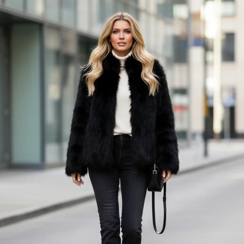 

Chic Women's High-neck Long Sleeve Faux Fur Jacket Cozy Fluffy Winter Outerwear Perfect For Casual Streetwear Elegant Daily Look