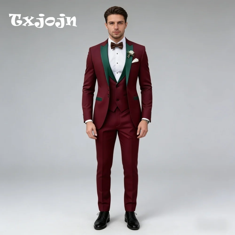 

Burgundy Green Contrast Men Wedding Classic Shawl Lapel 3PCS Suit Groom Suit Set Jacket Vest Pants Wedding Occasion Customized