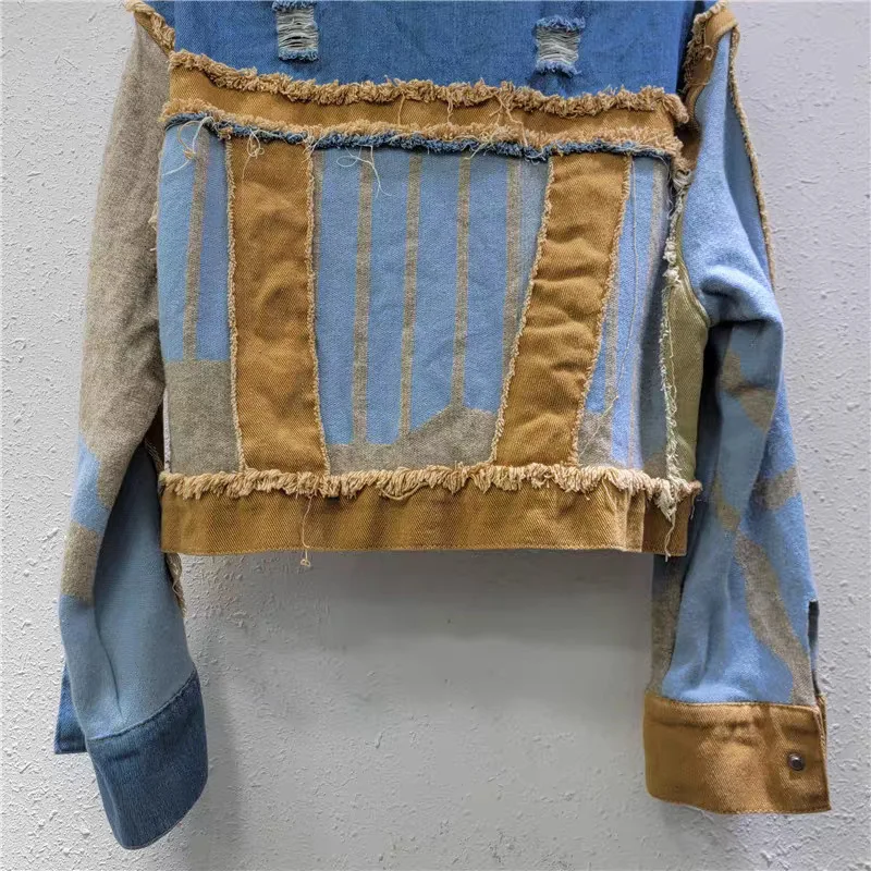 ANJY Jesienna Nowa Damska Modna Kurtka Kontrastowy Kolor Postarzany Denim Patchwork Vintage Stylowa Elegancka Streetwearowa Elegancka Kurtka A9318