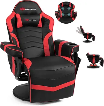 Image Gaming Recliner Massage Gaming Chair with Footrest Ergonomic PU Leather Single Sofa with Cup Holder Headrest and Side Pouch