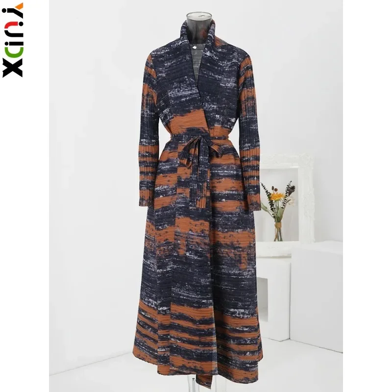 YUDX Miyake Vintage Contrast Color Pleated Long Trench Coat Women Scarf Collar Belt Windbreaker Fashion 2024 Spring New