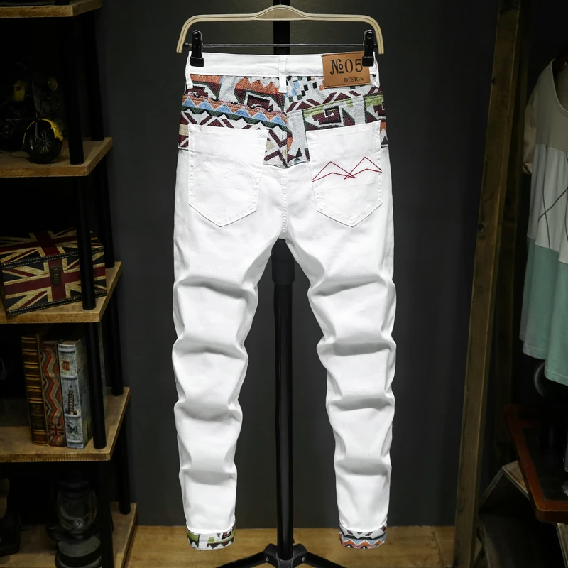 

High-End Embroidered Patchwork Ethnic Sle White Jeans Men's Spring Trendy Slim Fit Casual Nine-Piece Pants Cotton Elastic D...