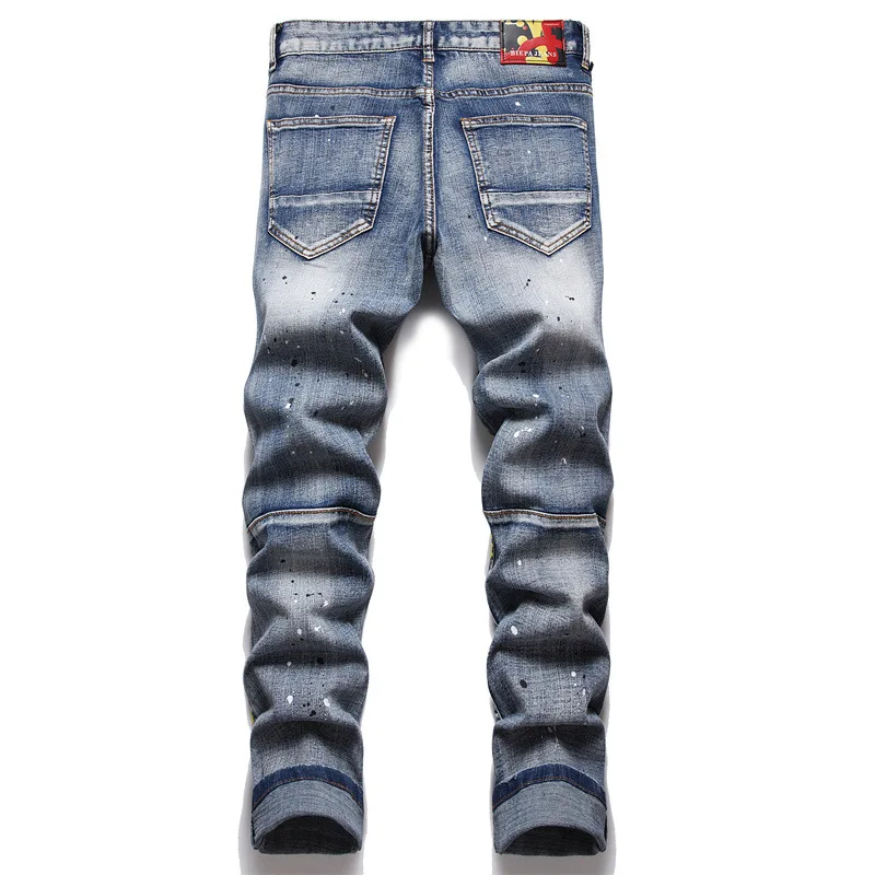 2023 Emblem Embroidered Jeans Spliced Small Foot Slim Fit Pants Men's Vintage Skull Head Elastic Hip Hop Motorcycle Style Cotton