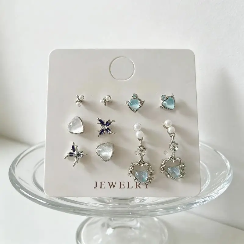Small Size Heart Crystal Pearl Butterfly Stud Earring Set Hypoallergenic Jewelry for Women Office Work Casual Wear Gift