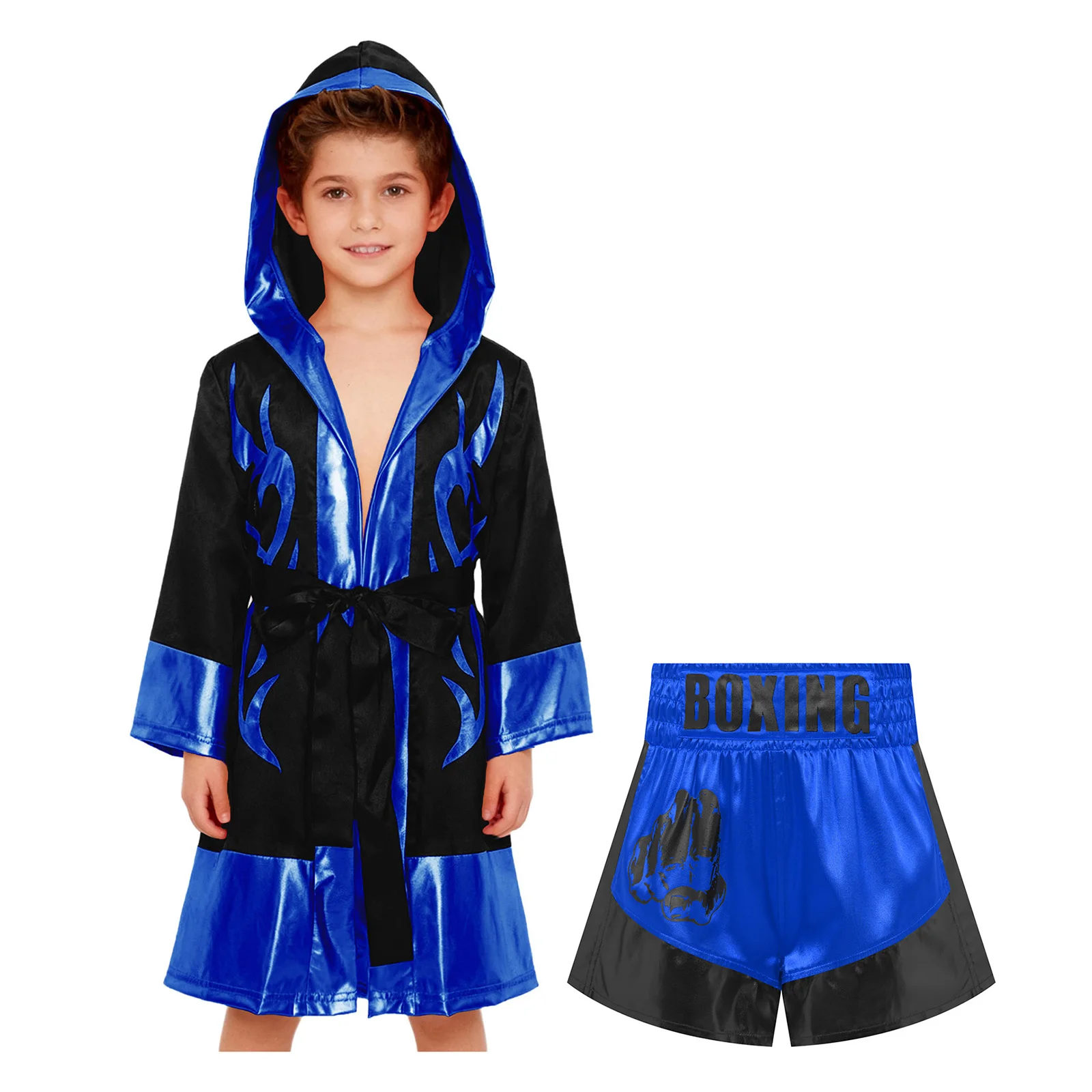 

Kids Boys Metallic Boxing Competition Training Uniform Hooded Boxer Robe with Belt And Letter Printed Sides Slit Satin Shorts