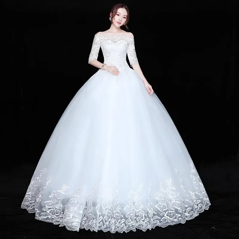 Cheap Wedding Dress White Embroidery Off the Shoulder Half Sleeves Lace up Princess Floor-length Plus size Bride Ball Gown XN020