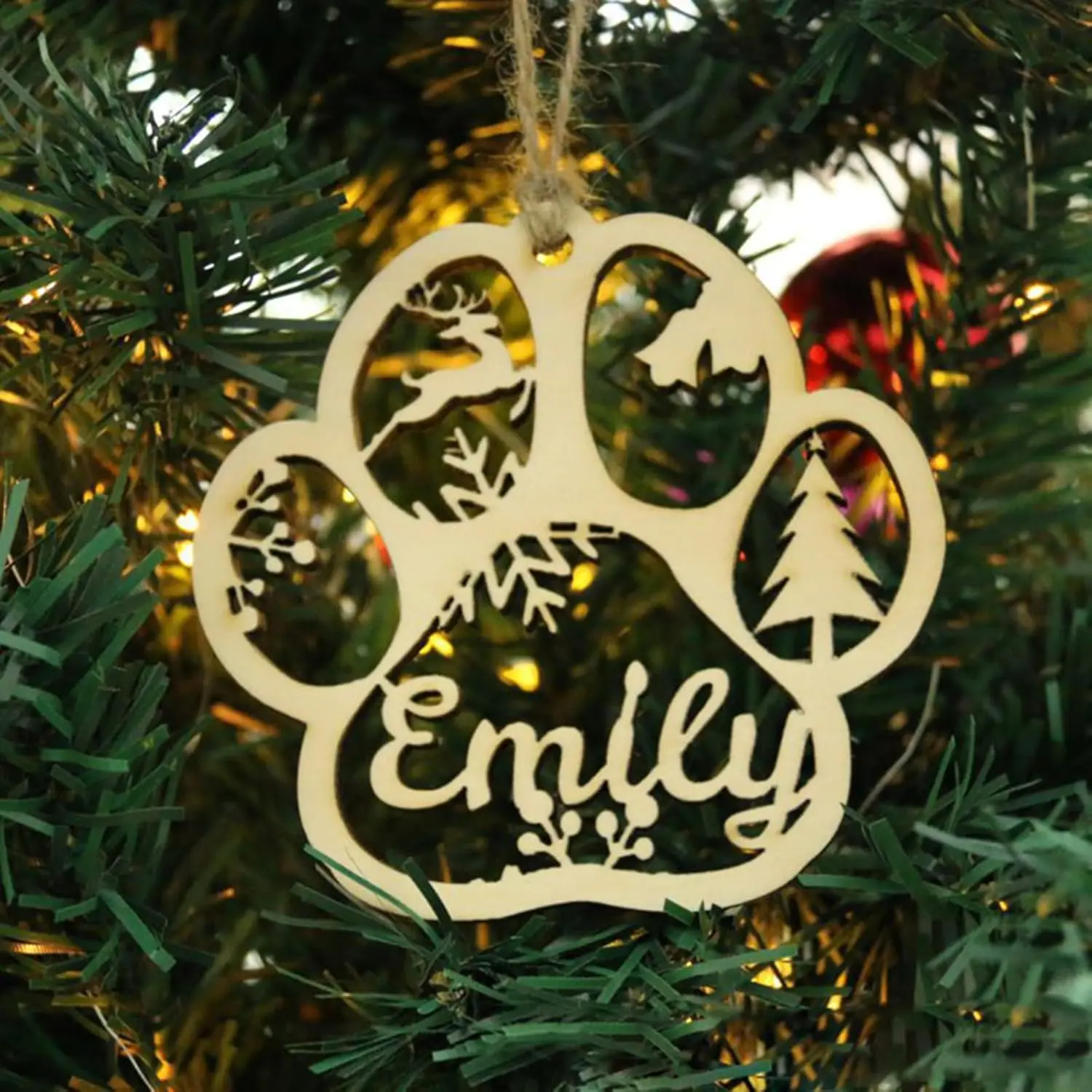 Personalized Christmas DecorationsHollowedOutCarvedElkPine Tree Pattern Dog Paw Shape Handmade Art NewYearGifts Home Decorations