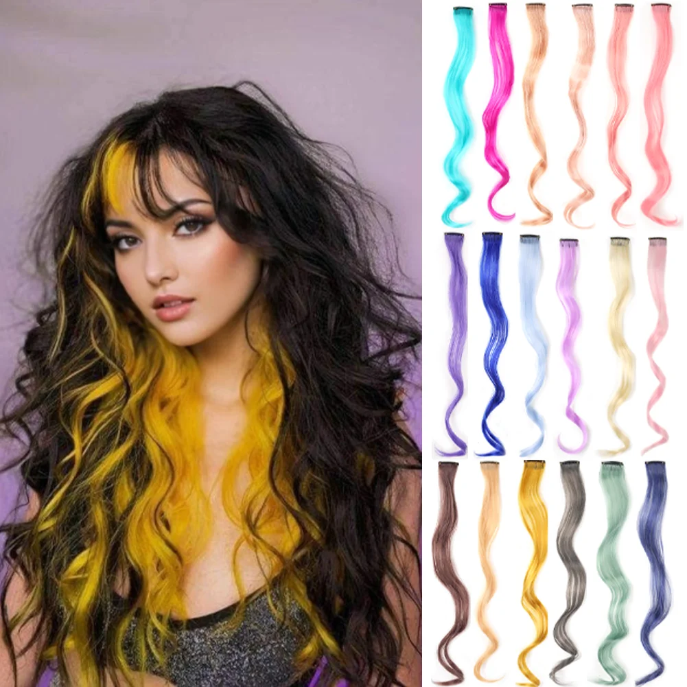 20 Zoll bunte lockige gewellte Party-Highlights zum Anklipsen, synthetische Haarteile, 8er-Pack lockige farbige Haarverlängerungen für Frauen