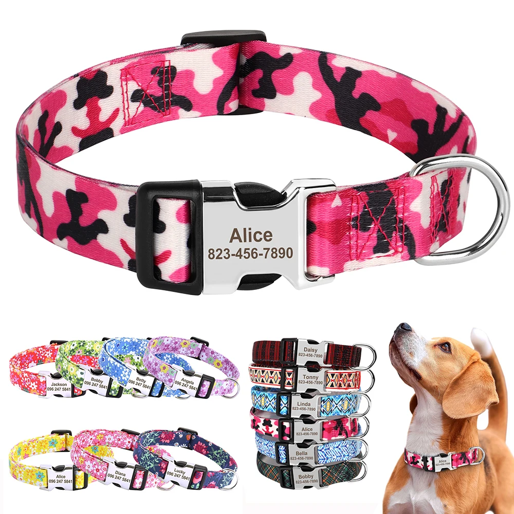 Personalized Dog Collar Adjustable Nylon Pet Buckle Collars Free Engraving Anti-lost Dog Necklace For Small Medium Large Dogs