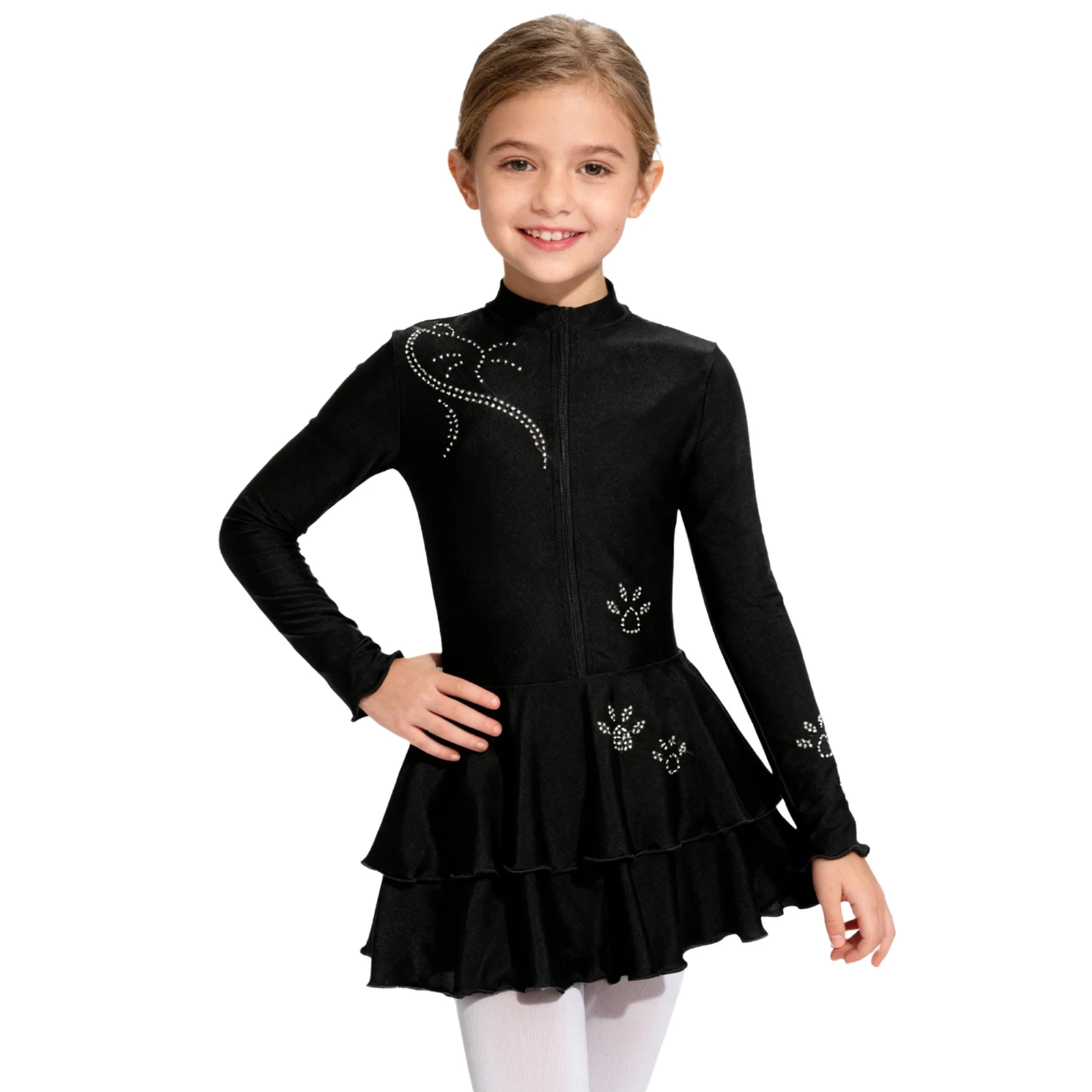Kids Girls Figure Skating Dress Rhinestones Gymnastics Leotard Ballet Tutu Dress Dance Performance Costume with Built-in Briefs