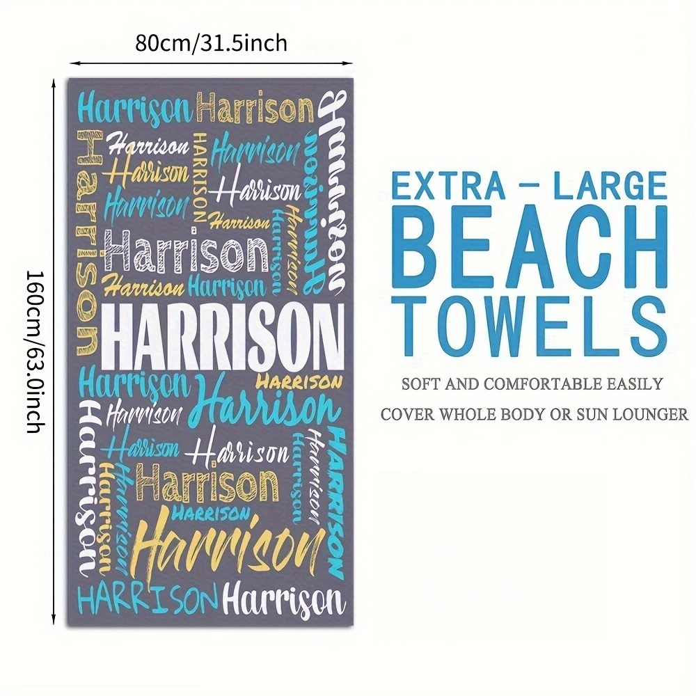 منشفة شاطئ ذات اسم شخصي - منشفة حمام سباحة مخصصة مقاس 80 × 160 سم للرجال والنساء، بطانية صيفية كبيرة سريعة الجفاف للشاطئ والسفر