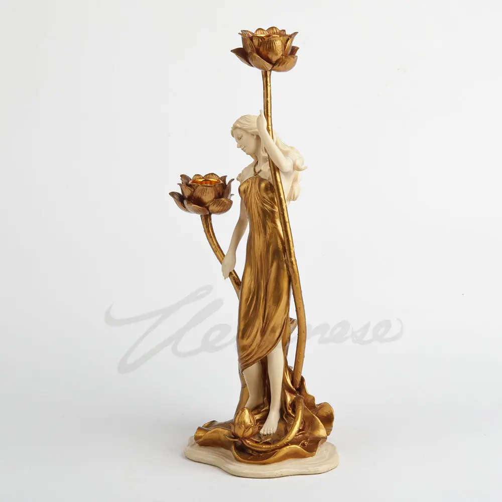 Vintage Lotus Goddess Candle Holder Resin Statue Gold White Finish Dual Candlestick Home Living Room Dining Table Decoration