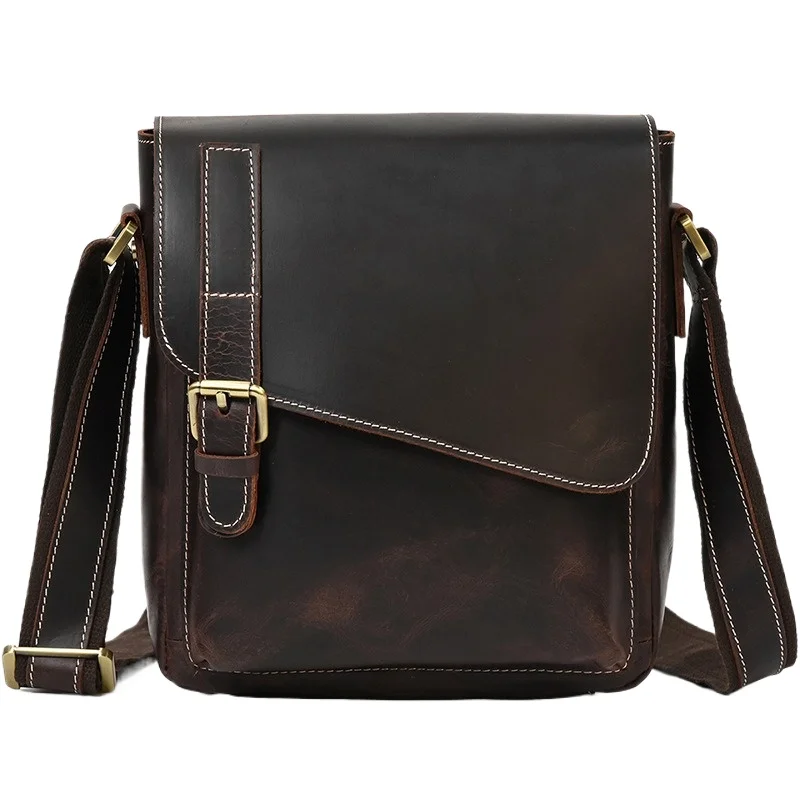 

Men's Genuine Leather Shoulder Bag Crossbody Flap Crazy Horse Top Grain Outdoor Travel Retro