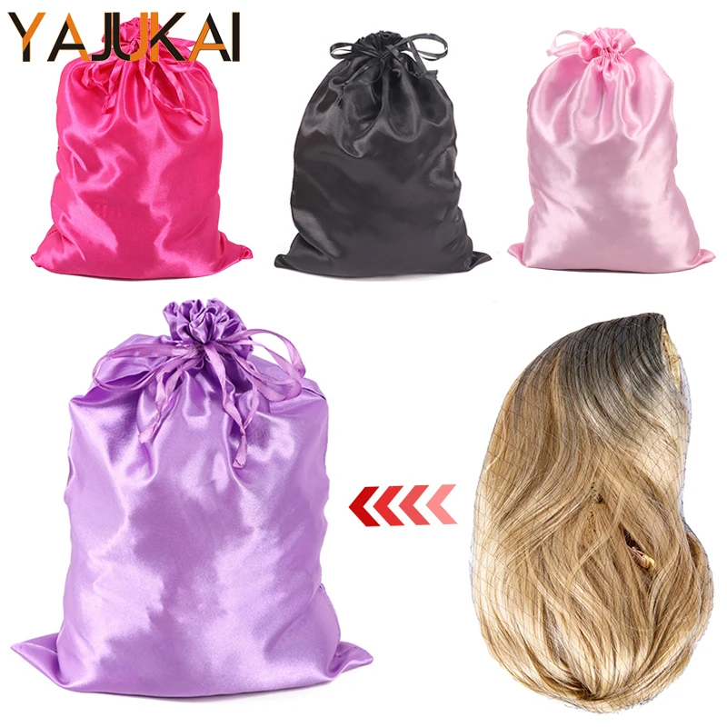 Black Satin Bag For Packaging Hair 1Pcs Silk Satin Drawstring Bag For Wigs Purple Storage Bag For Business Dust Gift Bag 25x35cm