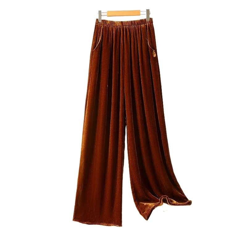 Autumn/Winter Fashion New Brown 30% Natural Mulberry Silk Velvet Retro High Waist Loose and Versatile Hanging Straight Leg Pants