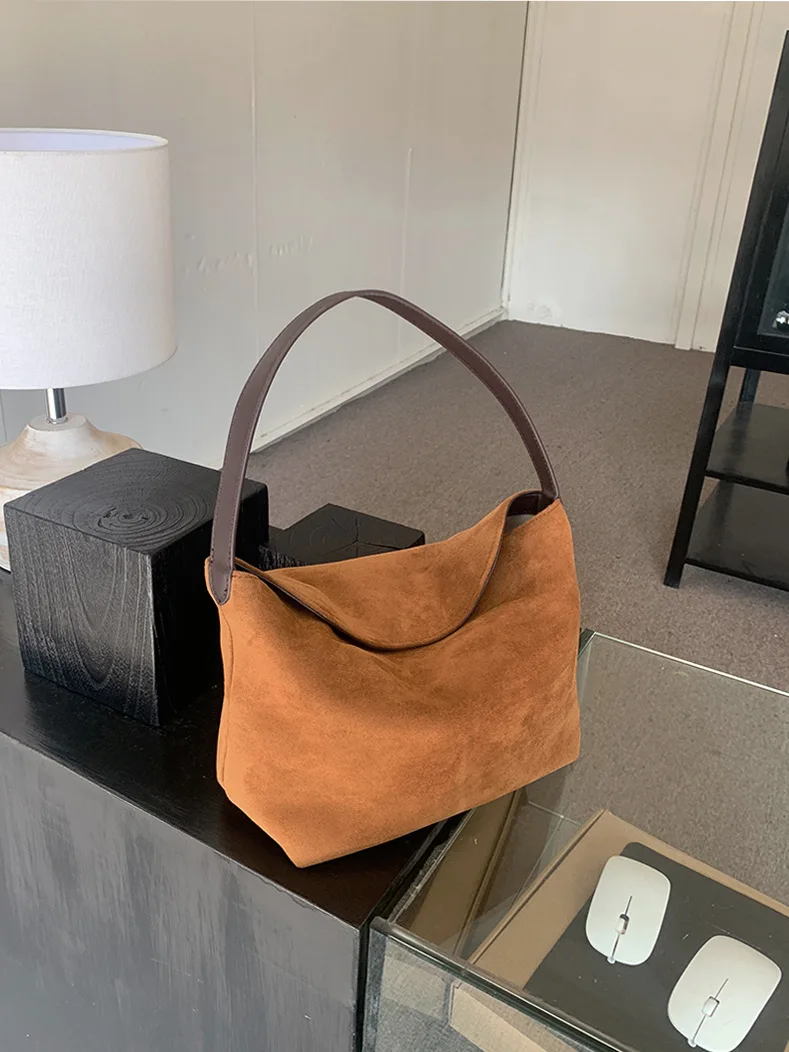 Vintage Suede Brown Shoulder Bags For Women Designer Nubuck PU Leather Tote Handbags Female Casual Travel Purse Underarm Bag