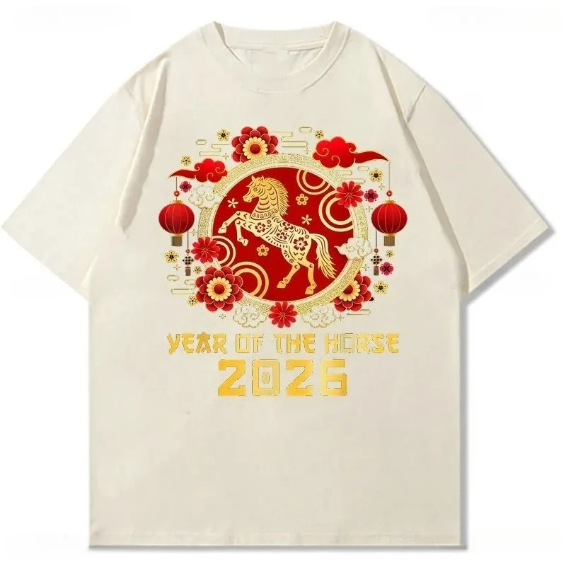 2026 Year of The Fire Horse Chinesse New Year Graphic T Shirts Casual Crewneck Print Tee Family Party Clothing Unisex Summer Top