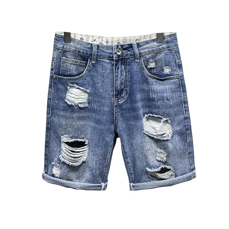 شورت جينز ممزق للرجال في الصيف، سروال جينز رفيع فضفاض مستقيم الساق للرجال غير رسمي بخمسة أرباع متوسط الطول للرجال