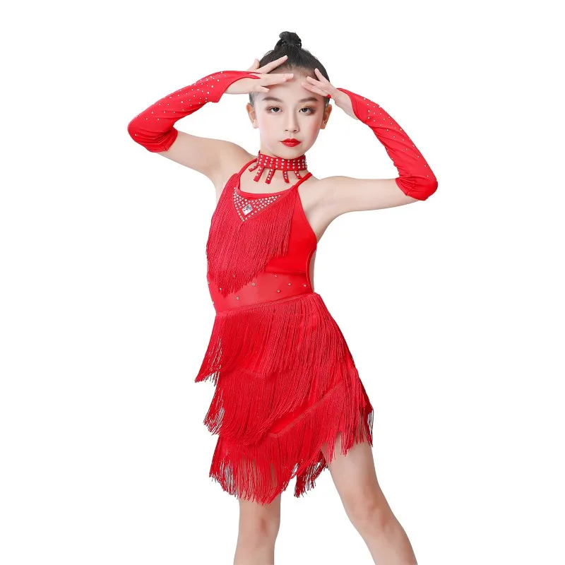 Girls Dance Dress Outfits Latin Dress Kids Solid Tassel Tango Cha Cha Dancewear Performance Stage Fashion Costume Dancing Dress