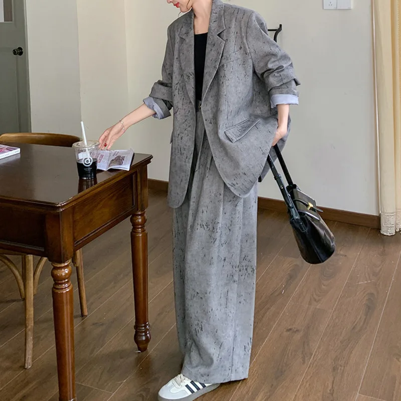 EAEOVNI 2025 Büro Dame Frauen Zwei Stück Set Unregelmäßige Taste Blazer Mantel + Breite Bein Lange Hosen Mode Neue Kleidung temperament