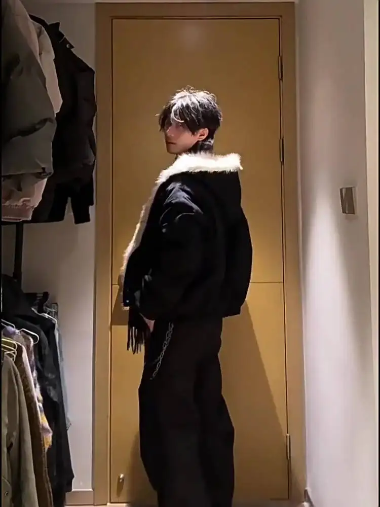 Retro American High Street Vibe Hooded Cotton Jaet Men's Thiened Fur Collar Winter Warm Faionable Casual Outerwear