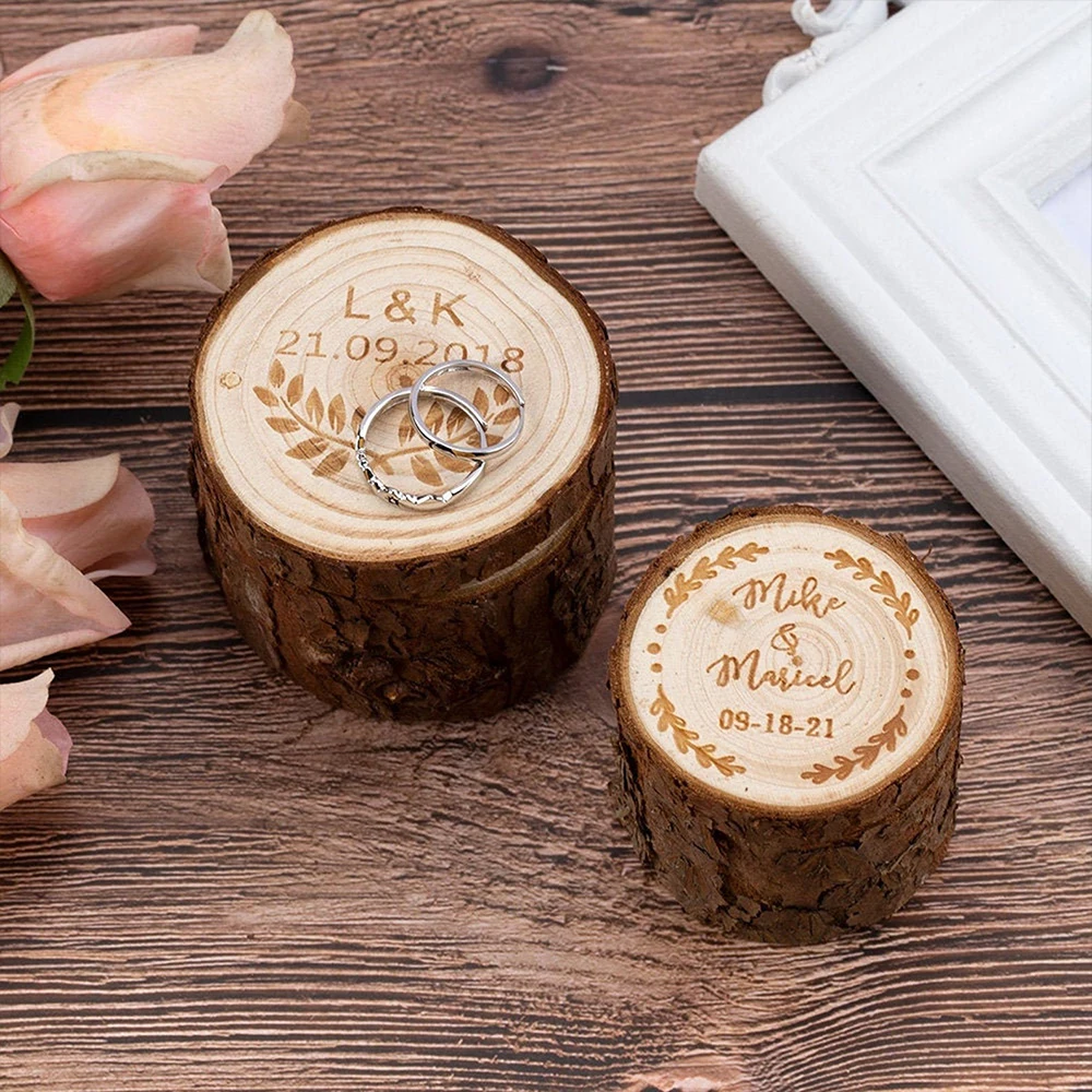 Personalized Wooden Wedding Ring Box Custom Engagement Ring Holder for Double Rings Proposal Ceremony Rustic Decoration Ring Box