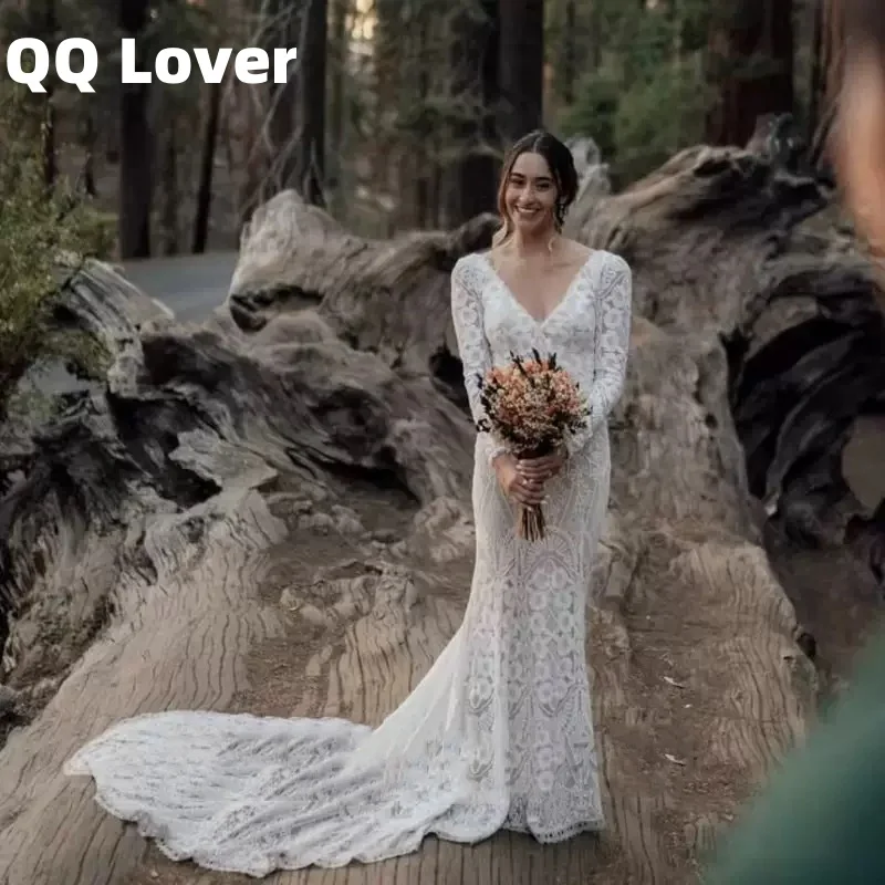 

Long Sleeves Lace Wedding Dresses 2025 A-Line V-Neck Bridal Gown Applique Tulle Customized Vestido De Noiva
