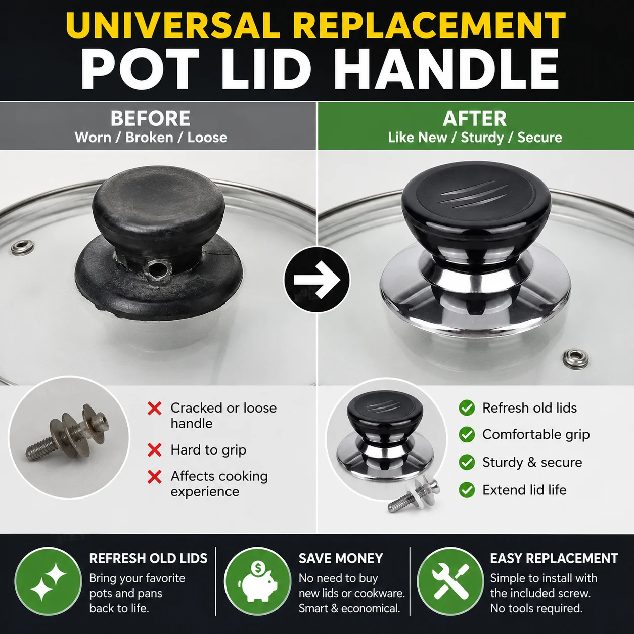 Universal Pot Lid Handle Replacement Heat Resistant Anti Scald Lid Knob for Glass Pot Pan Cookware Kitchen Accessory