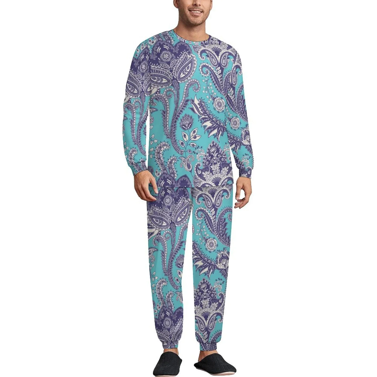 Buysing Sleepwear Men's Winter Pajama 3D Paisley Print Home Wear Long Sleeved Pant Two-piece Set Casual Light Colour Pajamas Set