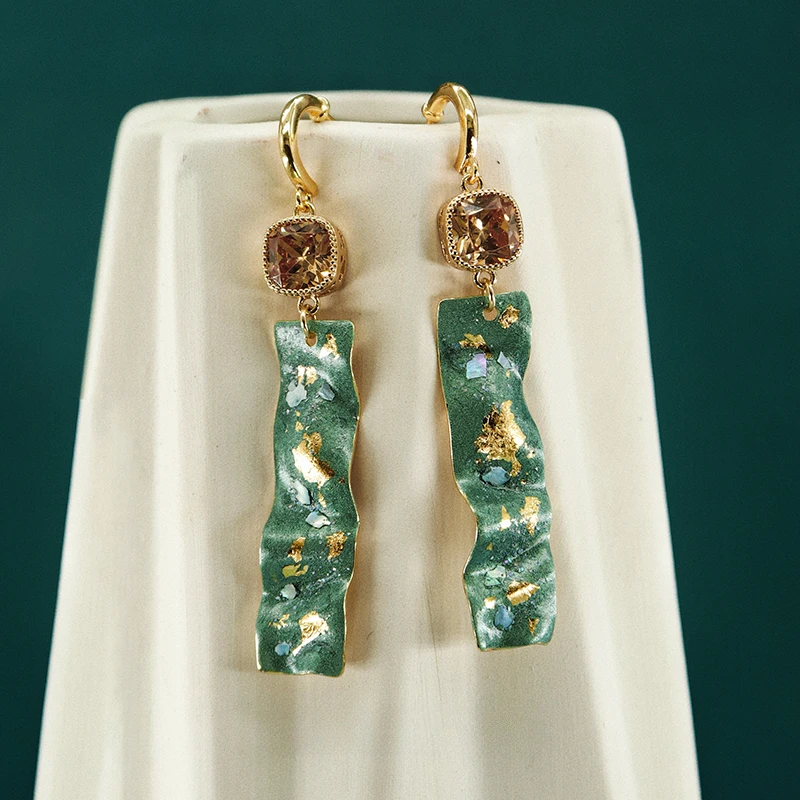 

New Chinese Style Long Stud Earrings Green Rock Color Cold Earrings