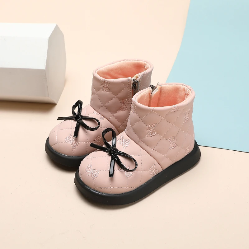 Beige/pink Girls Boots with Flat Bottomed Low Cut Side Zipper Bow Anti Slip and Warm Winter Microfiber Leather Fashion Boots