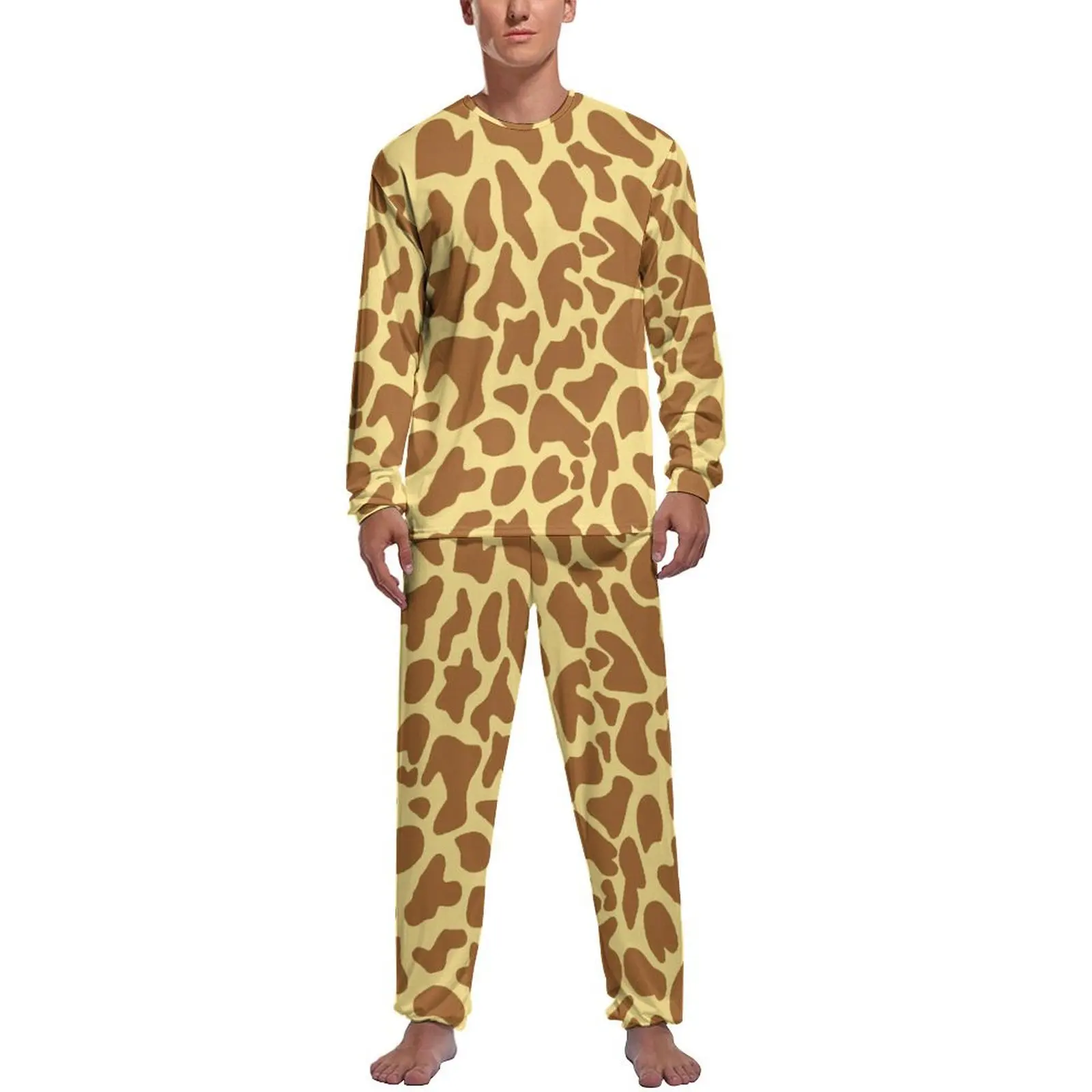 

Giraffe Animal Print Pajamas Long-Sleeve Brown Spot 2 Pieces Leisure Pajama Sets Autumn Mens Graphic Kawaii Sleepwear