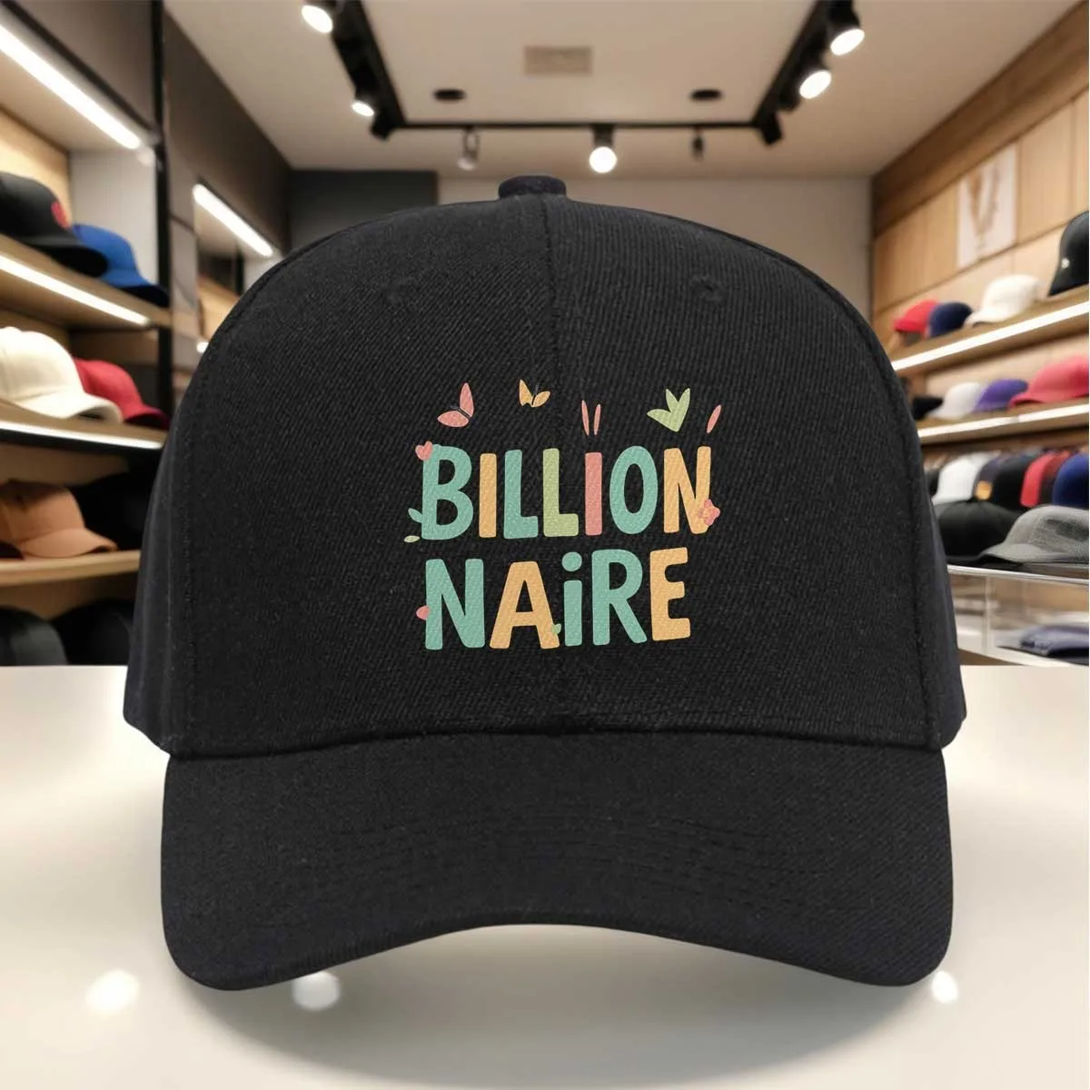 Gorra de béisbol con estampado de letras BILLION NARE, diseño colorido y divertido con detalles de orejas de conejo y mariposa, gorra ajustable para uso informal