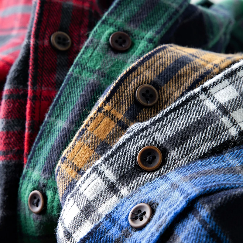 Fashionable Plaid Shirt Men's Long Sleeve Washed Brushed American Retro Spring Outerwear Youth Trend Slim Fit Cotton Button-down