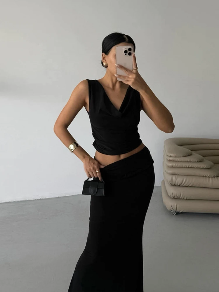 

Lady Ruffle Long Skirt Set Women Elegant Sleeveless Draped Neckline Pleated Top 2-piece Suit 2026 New Spring Daily Street Outfit