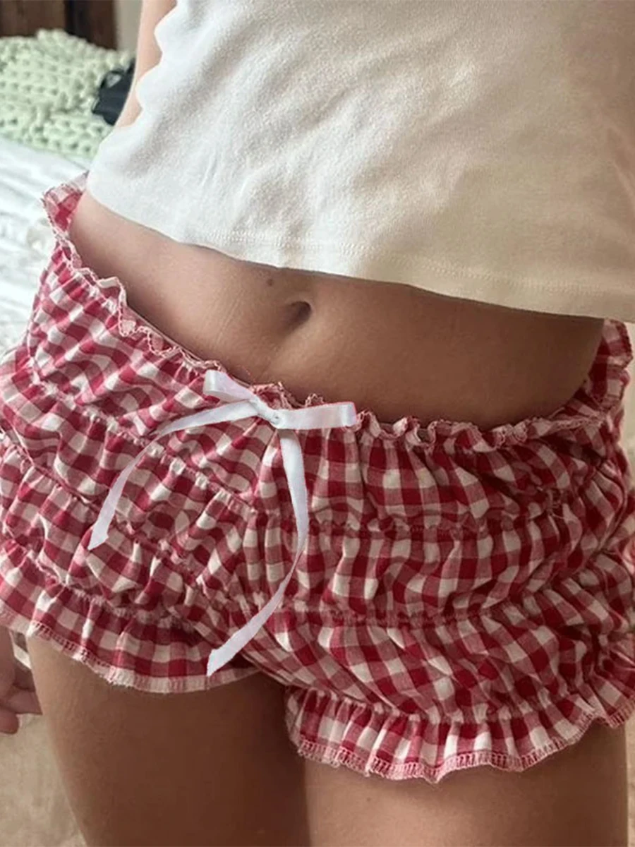 

Women Smocked Lounge Shorts Gingham Plaid Print Y2k Low Rise Sexy Micro Shorts Pajama Bottoms Cute Sleep Shorts