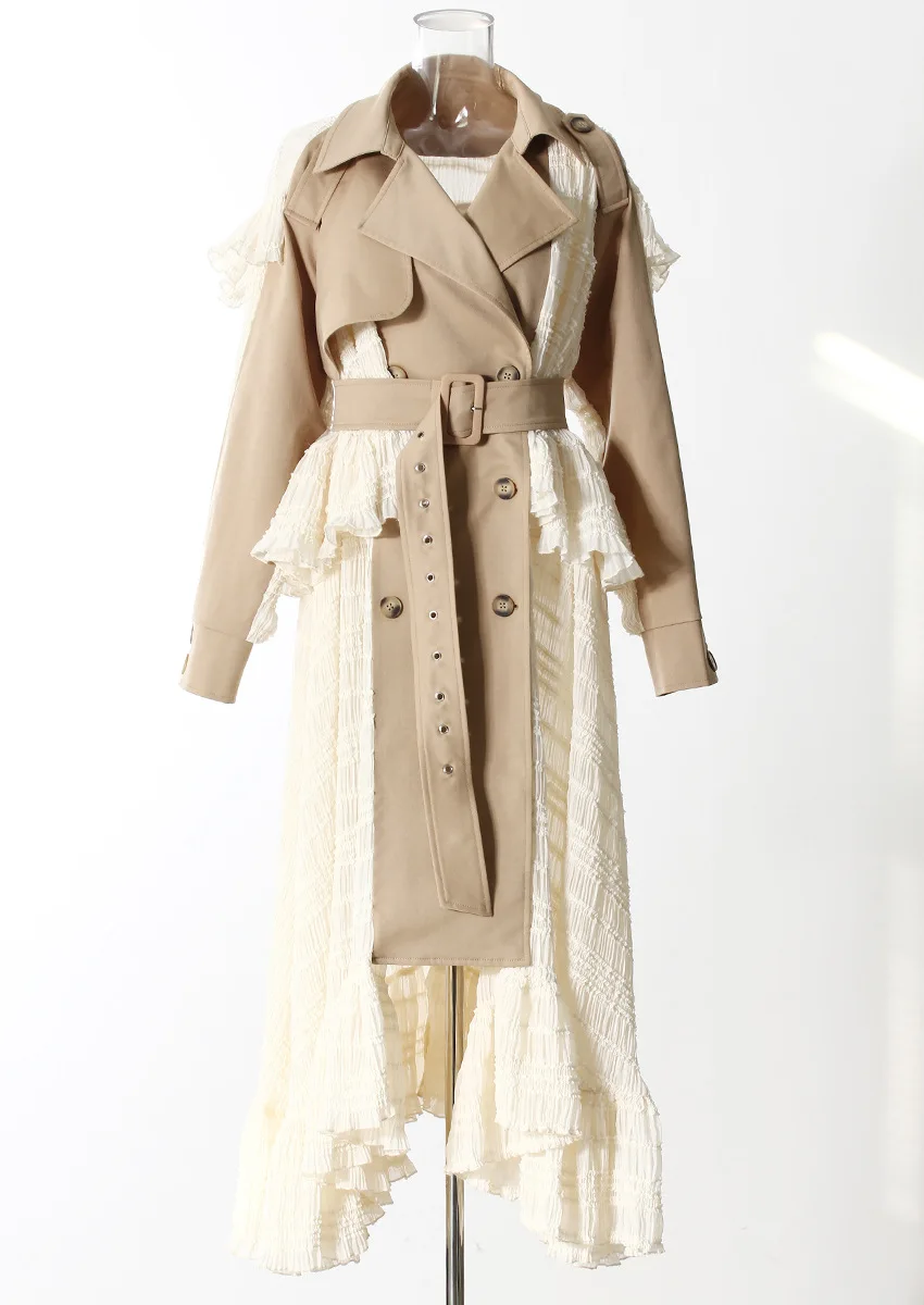 

Fashion Lace Patchwork Trench Coat Women's Lapel Loose Double Breasted Sashes long Windbreaker Spring 2026 New