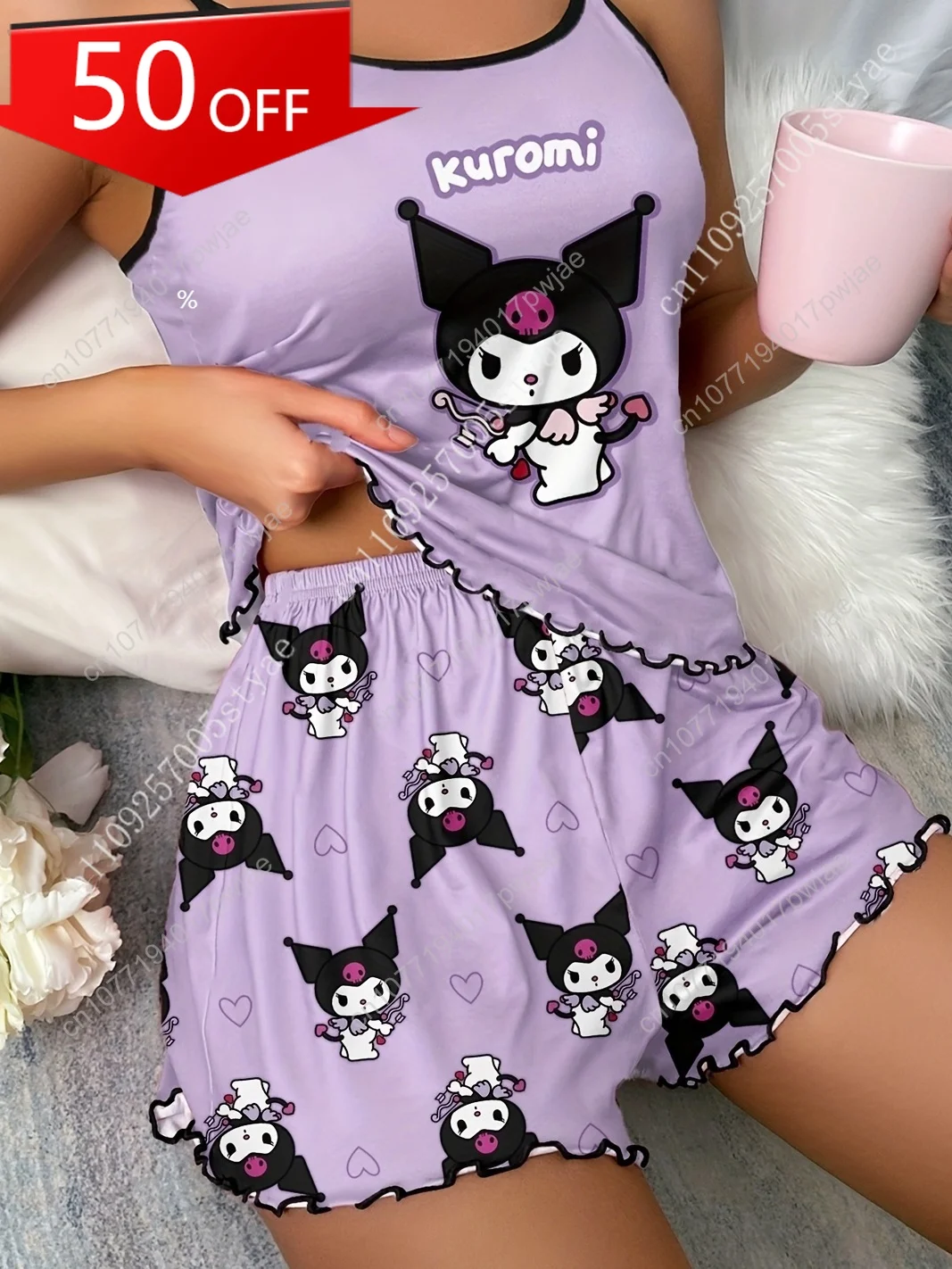 

Sanrio Kuromi Cute Cartoon Print Spaghetti Strap Women'S Pajama Set | Casual Home Wear For Adults, All Season