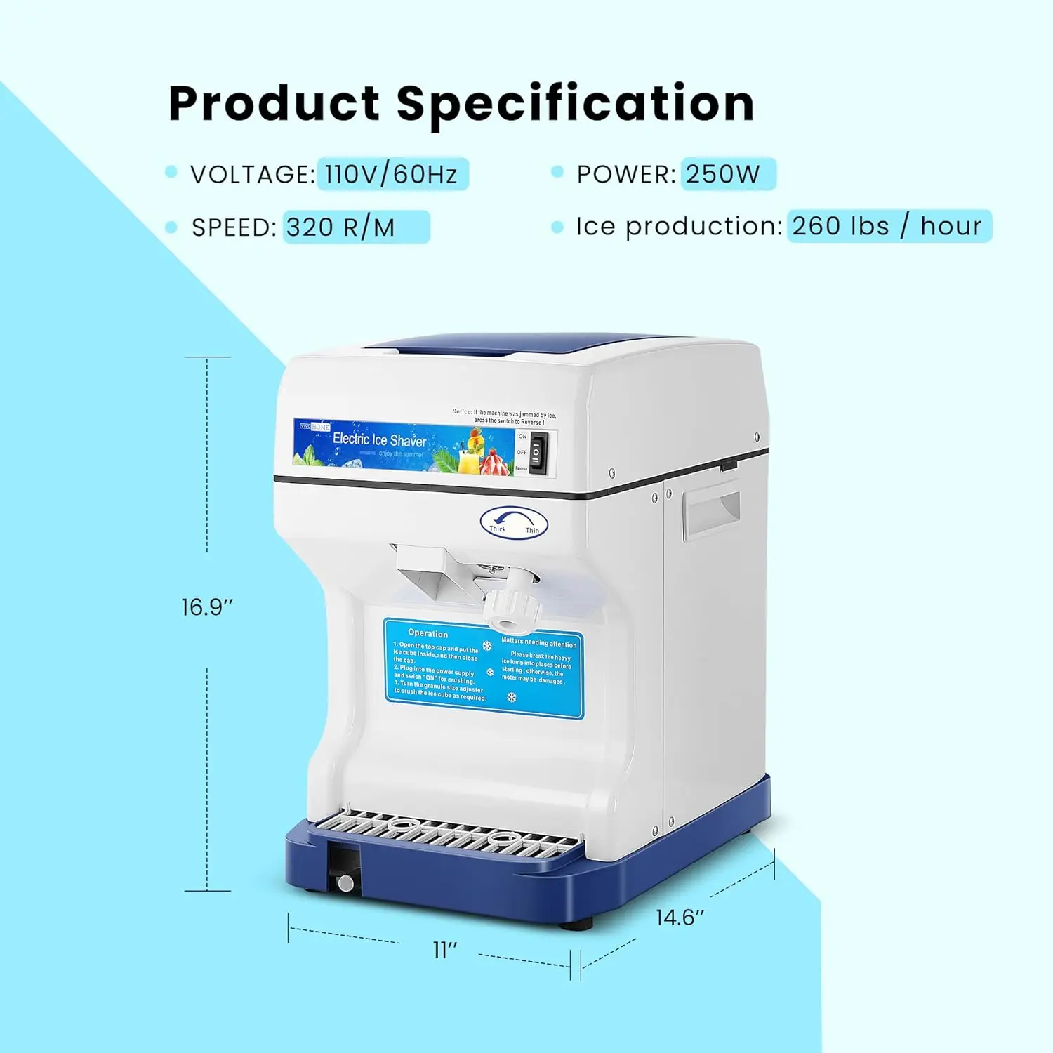 Broyeur à glace électrique bleu pour usage domestique et commercial, rasoir, machine à cône de neige, 265artériel, INA