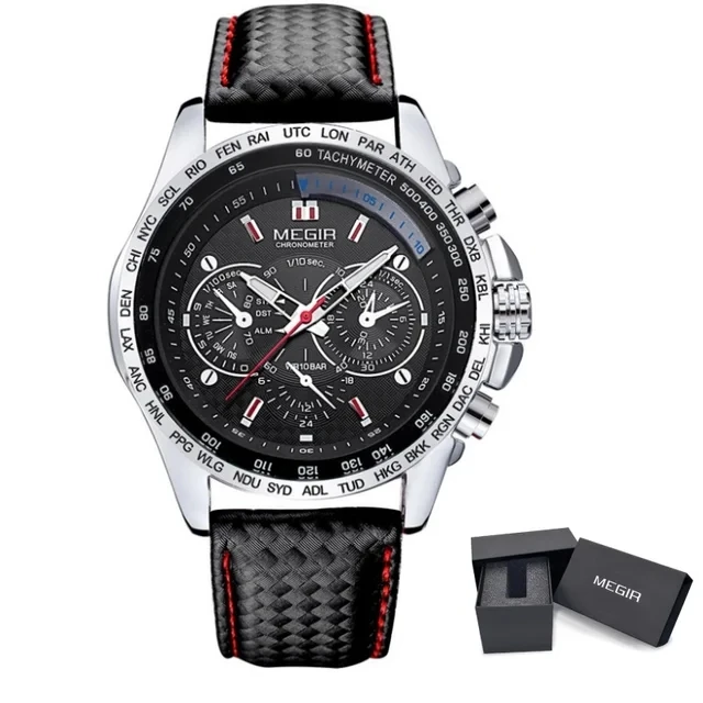 MEGIR 1010 Men's Quartz Watches Original Fashion Creative Clock Leather Strap Strap Analog Display Wrist Watches for Male Gift
