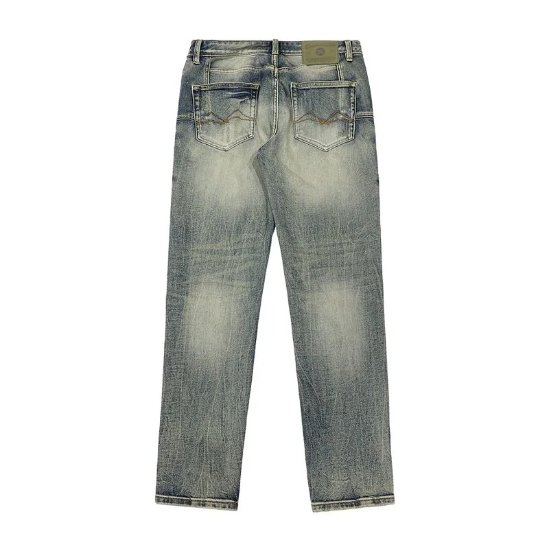 Celana Jeans Denim Distressed Washed untuk Pria |   Celana Slim Tapered Fit dengan Detail Rip Patch Gaya Retro Amerika Streetwear Musim Gugur Trendi