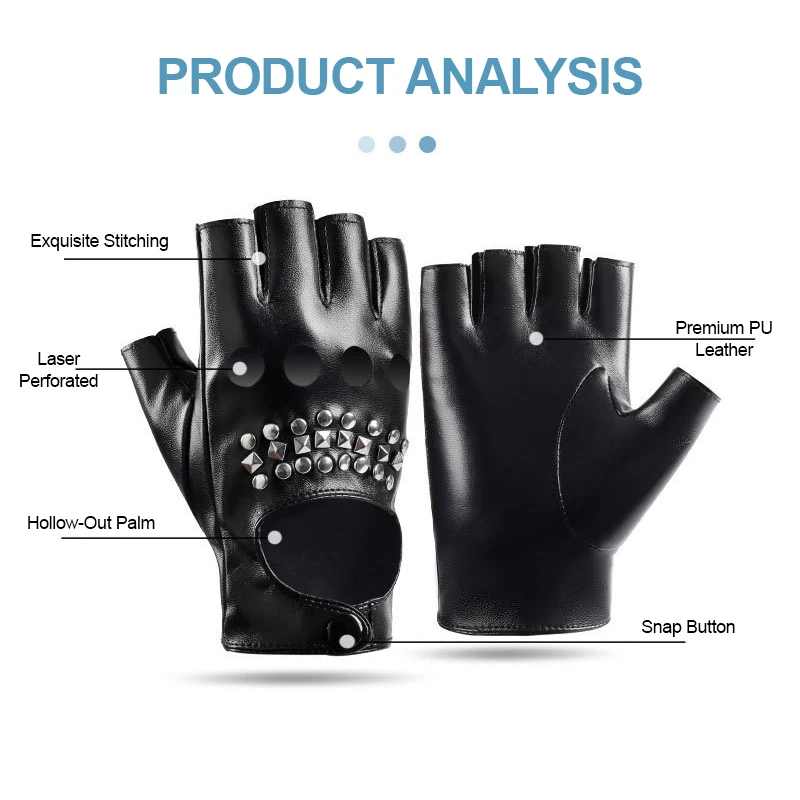 Punk Studded Fingerless Gloves PU Leather Men Women Street Dance Rivet Disco Party Nightclub Pole Stage Performance Gloves