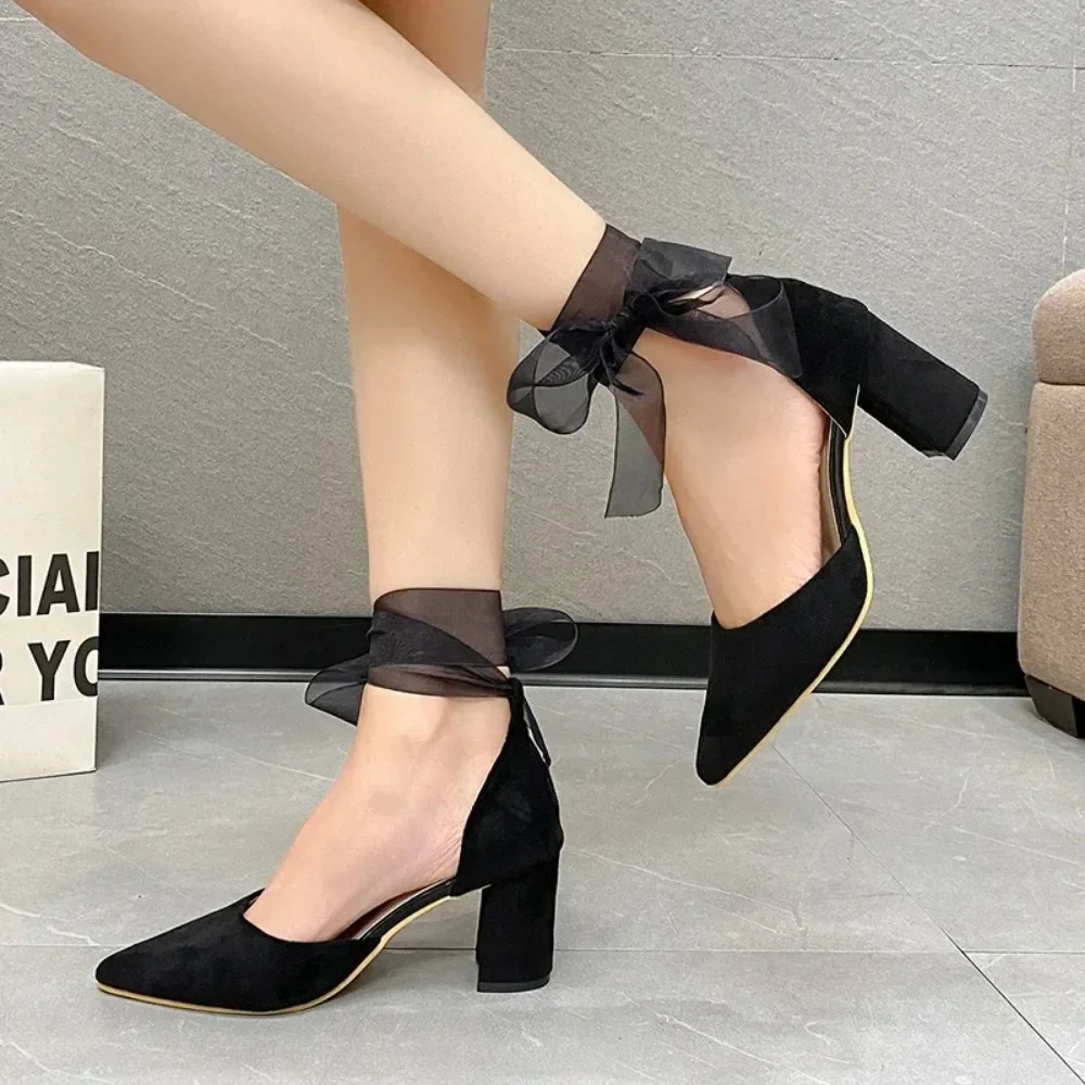 Women's High Heels Dress Velvet Ribbon Ankle Elegant Single Shoes 2024 Summer Fashion Slips Shallow Mouth Women's High Heels