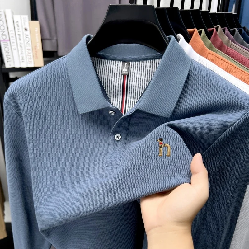 

100% pure cotton long sleeve polo shirt autumn new fashion brand cute dog embroidery lapel T-shirt new Korean casual men's wear