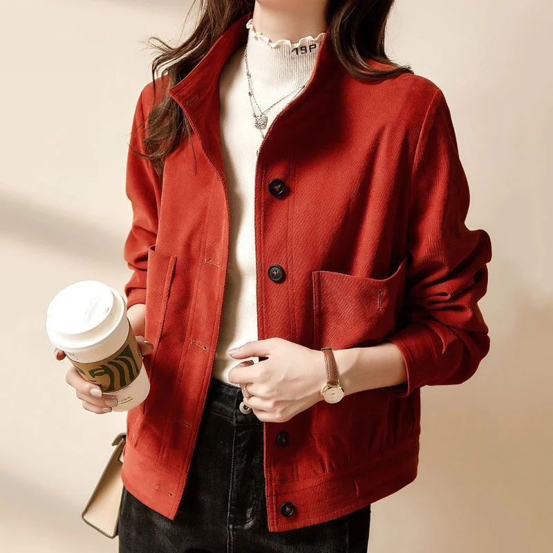 Korean Fashion Stand Collar Short Coats Spring Corduroy Cropped Jacket Women 2023 Fall Long Sleeves Classic Women Jacket